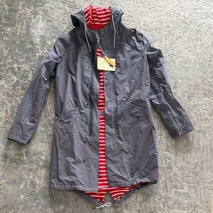 Joules Gray Trench Coat with Red & White Striped Lining